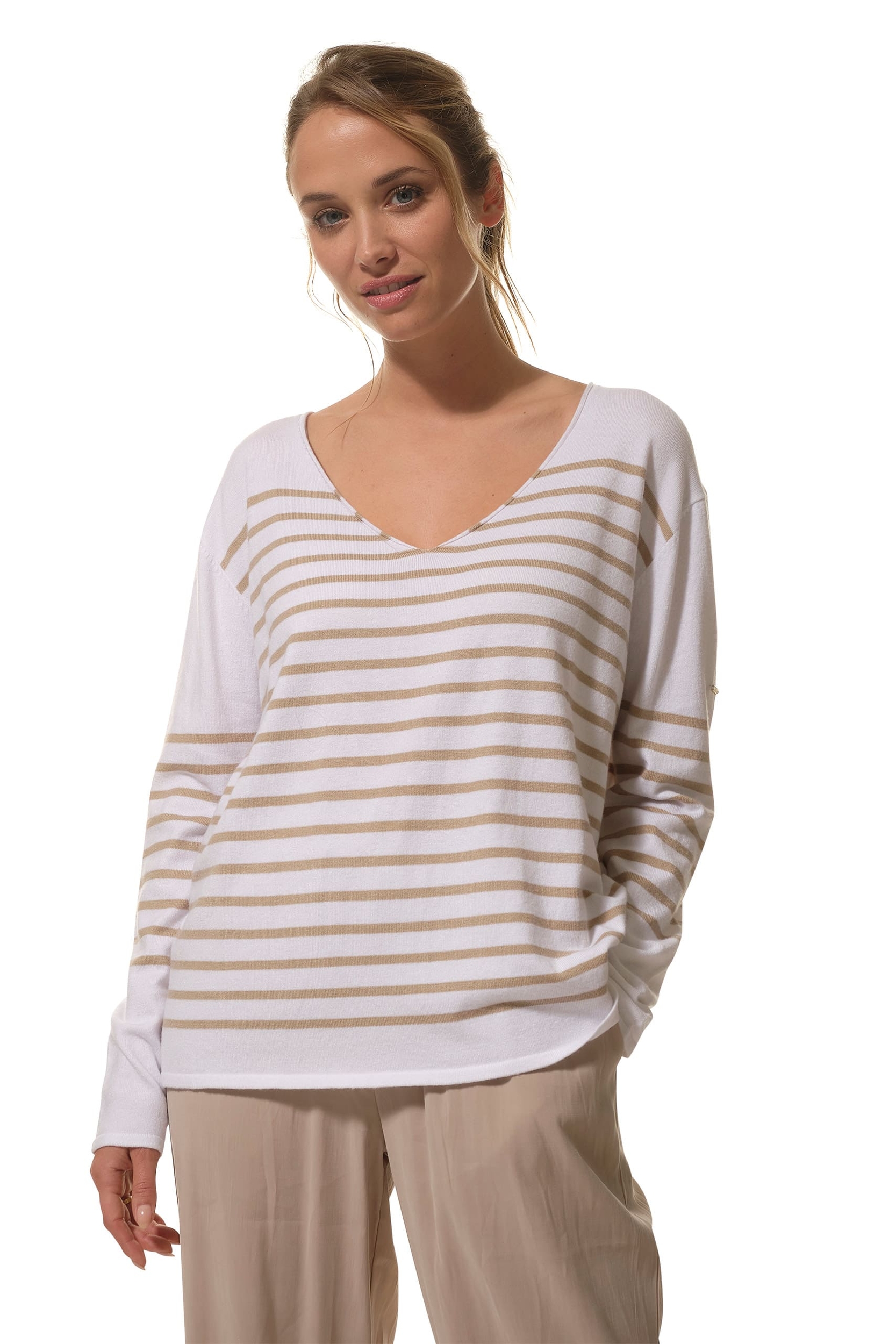 Pull col V Ecru-beige rayé pour femme hublot