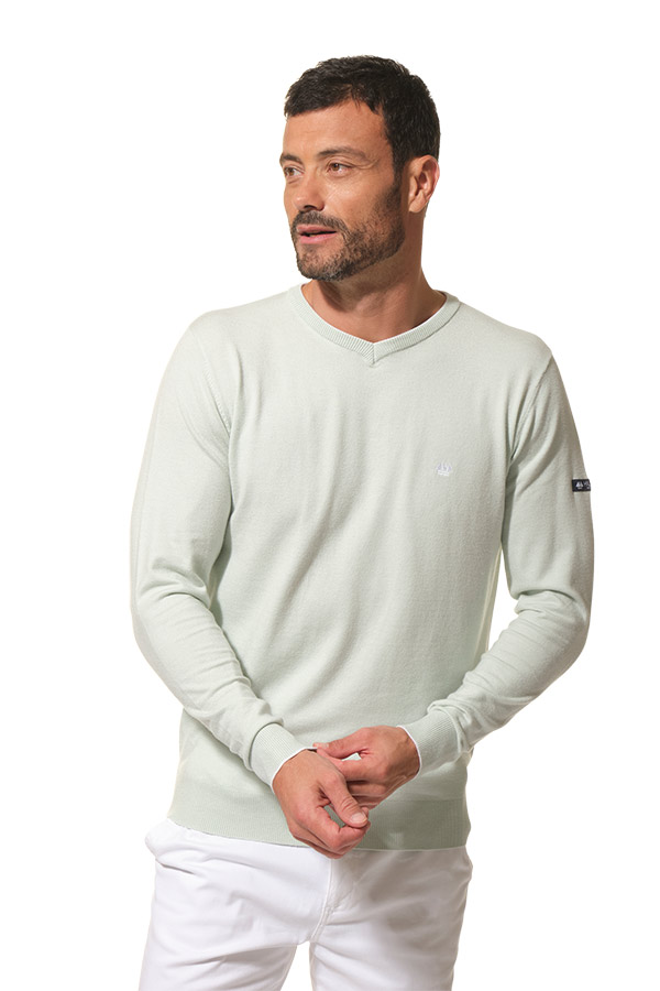 Pull col V Vert pour homme hublot