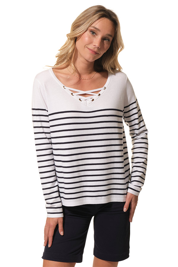 Pull rayé Blanc-Marine pour femme hublot