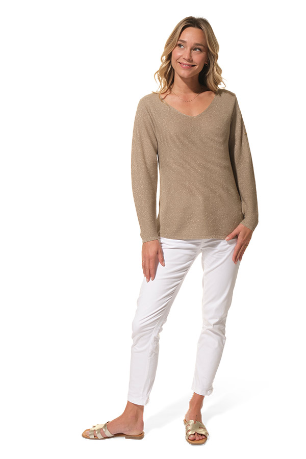 Pull col V en Ecume pailleté pour femme hublot