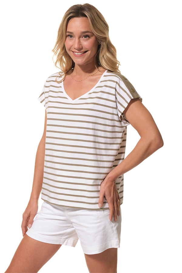 tee-shirt rayé blanc kaki pour femme