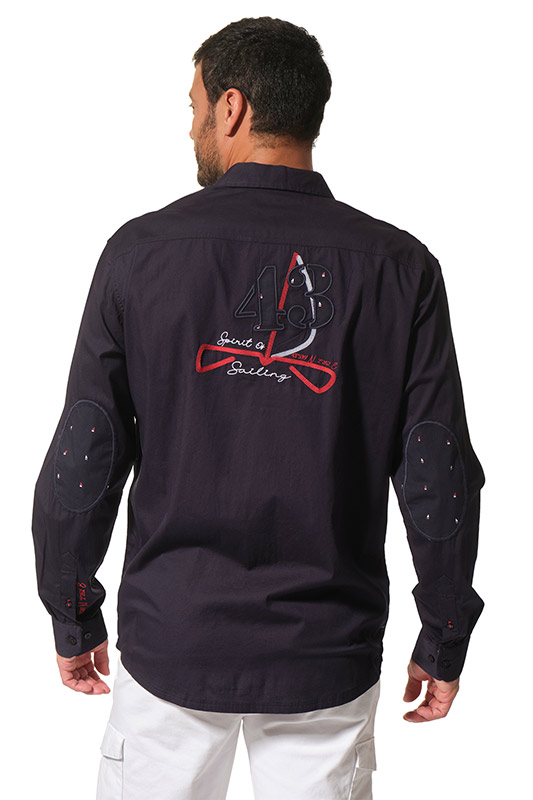 Chemise manches longues coton et lin Bleu Océan et Blanc Colten