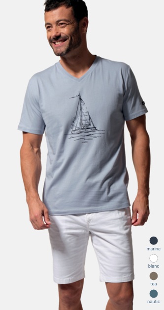 Tee-shirt en coton homme manches courtes avec animation bateau CLYDE Hublot Mode Marine Nice