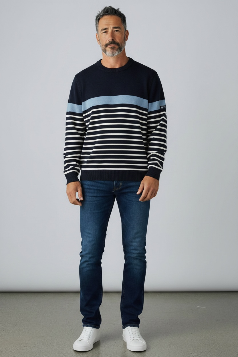 Pull hublot marine/pool/blanc