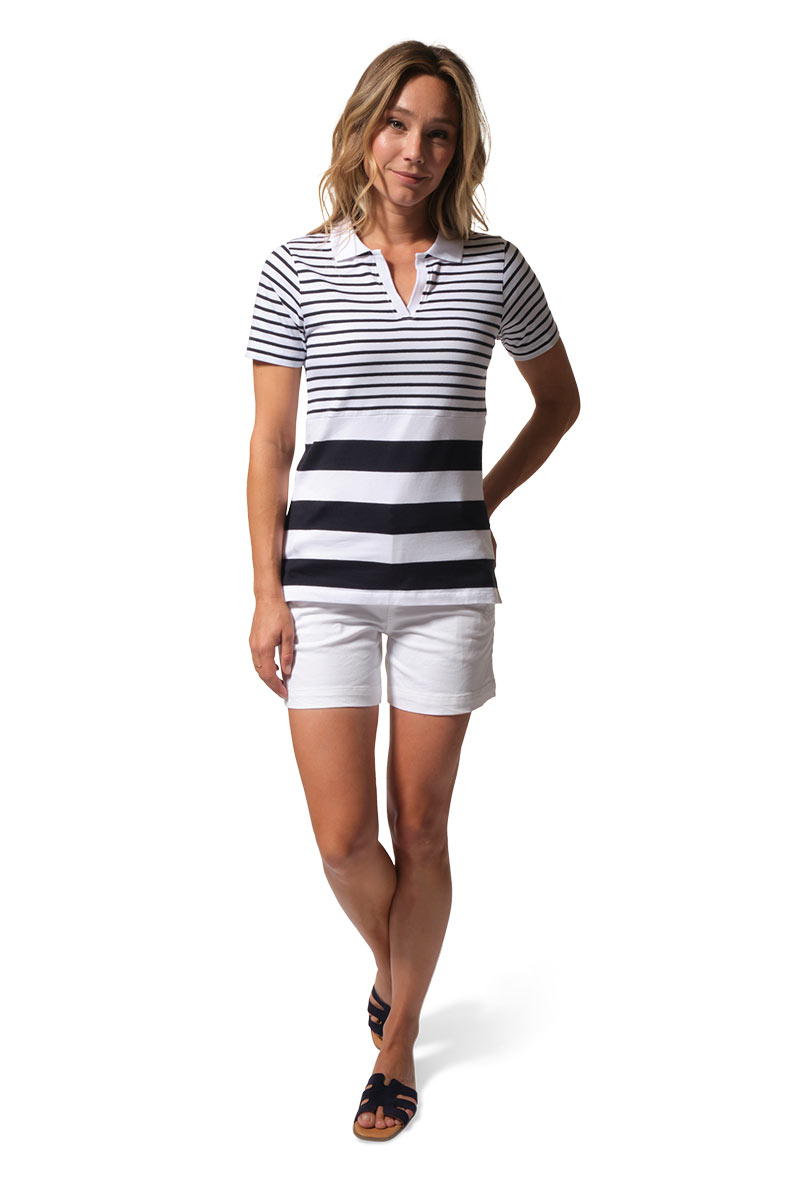 T-shirt marin en coton femme avec jeu de rayures manches courtes col V esprit polo OPALE (3)