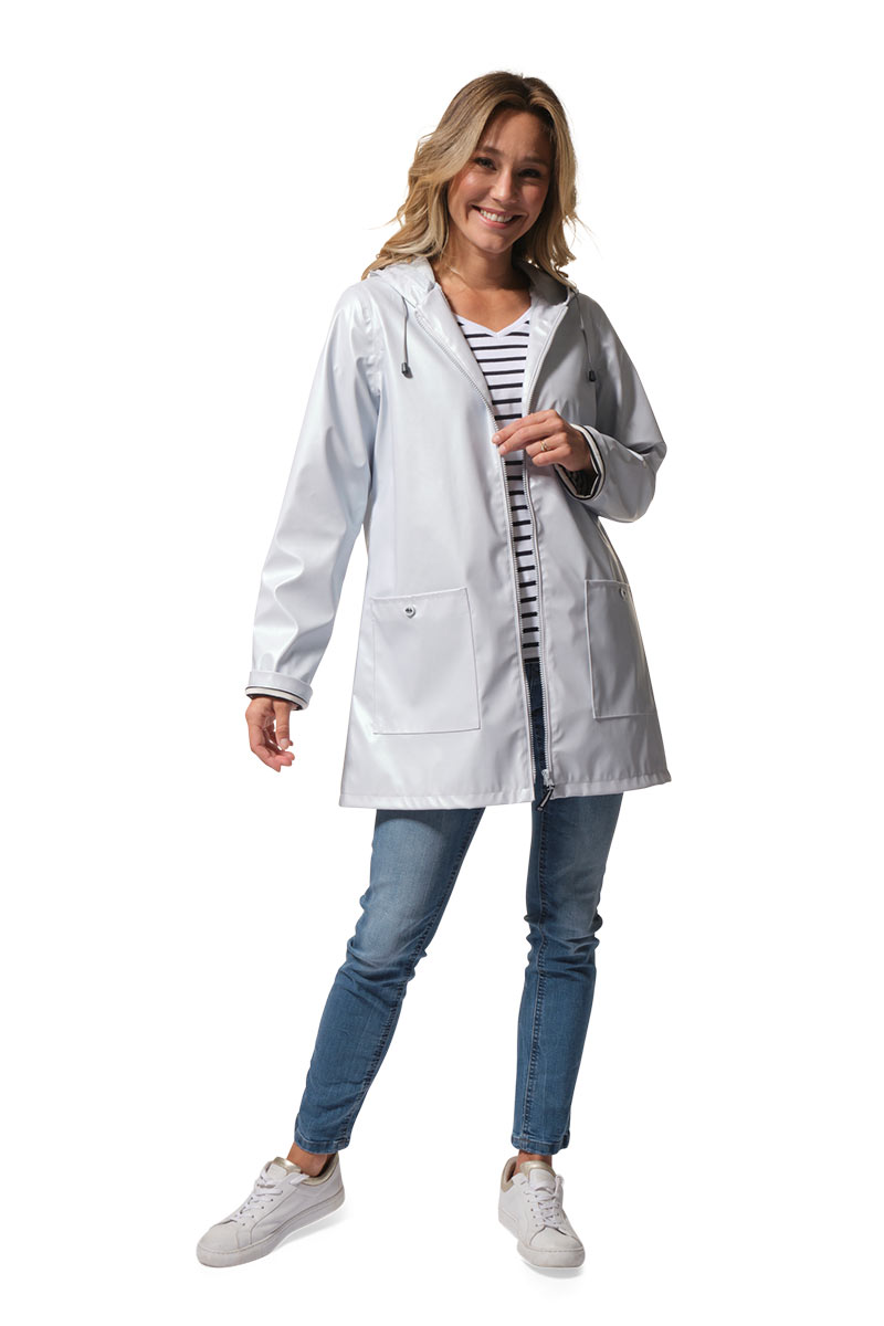 Ciré femme imperméable et déperlant mi-long avec capuche blanc métallisé Helena met Hublot