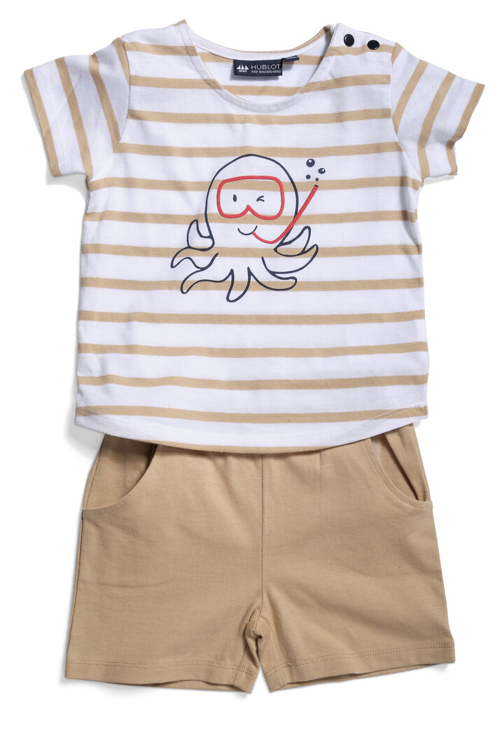 Ensemble 3 Pièces Bébé Garçon Brodé - Tee Shirt, Short Toile, Chapeau, Taille 6-23 Mois, Neuf