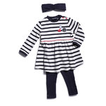 Ensemble bébé Robe-Bandeau-Legging en Blanc-Marine hublot
