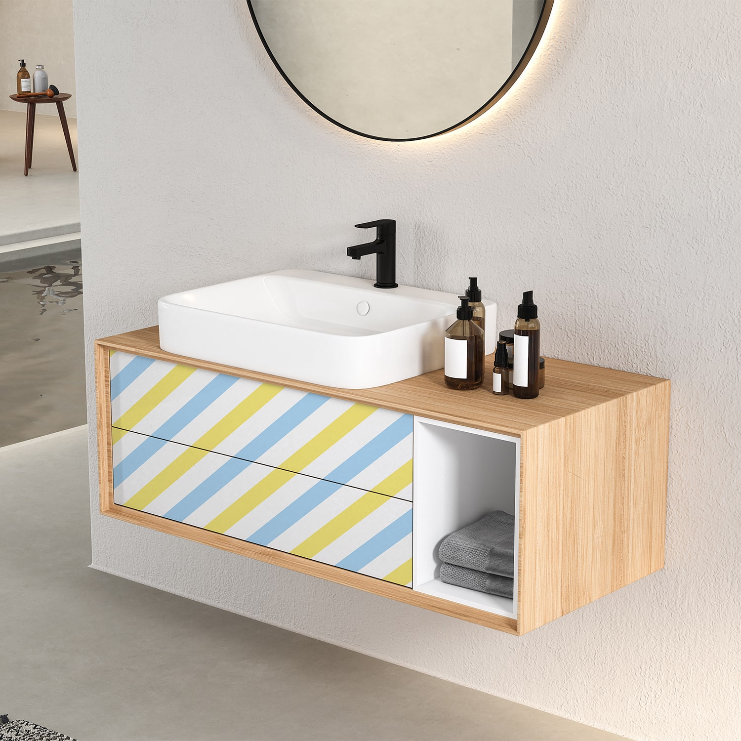 PP52-meuble-papier-peint-adhesif-decoratif-revetement-vinyle-rayures-diagonales-bleu-et-jaune-renovation-meuble-mur-min