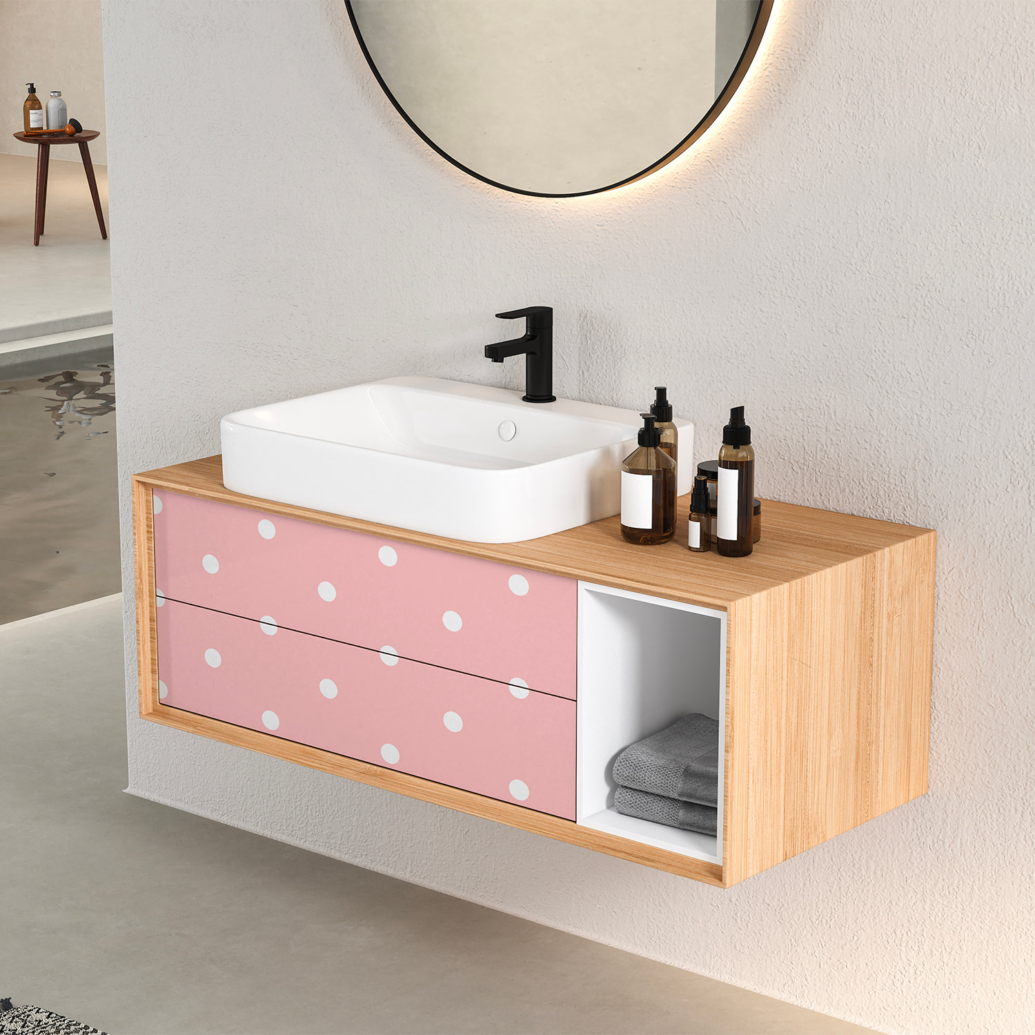 PP60-meuble-papier-peint-adhesif-decoratif-revetement-vinyle-motifs-mini-pois blanc:rose-renovation-meuble-mur-mini