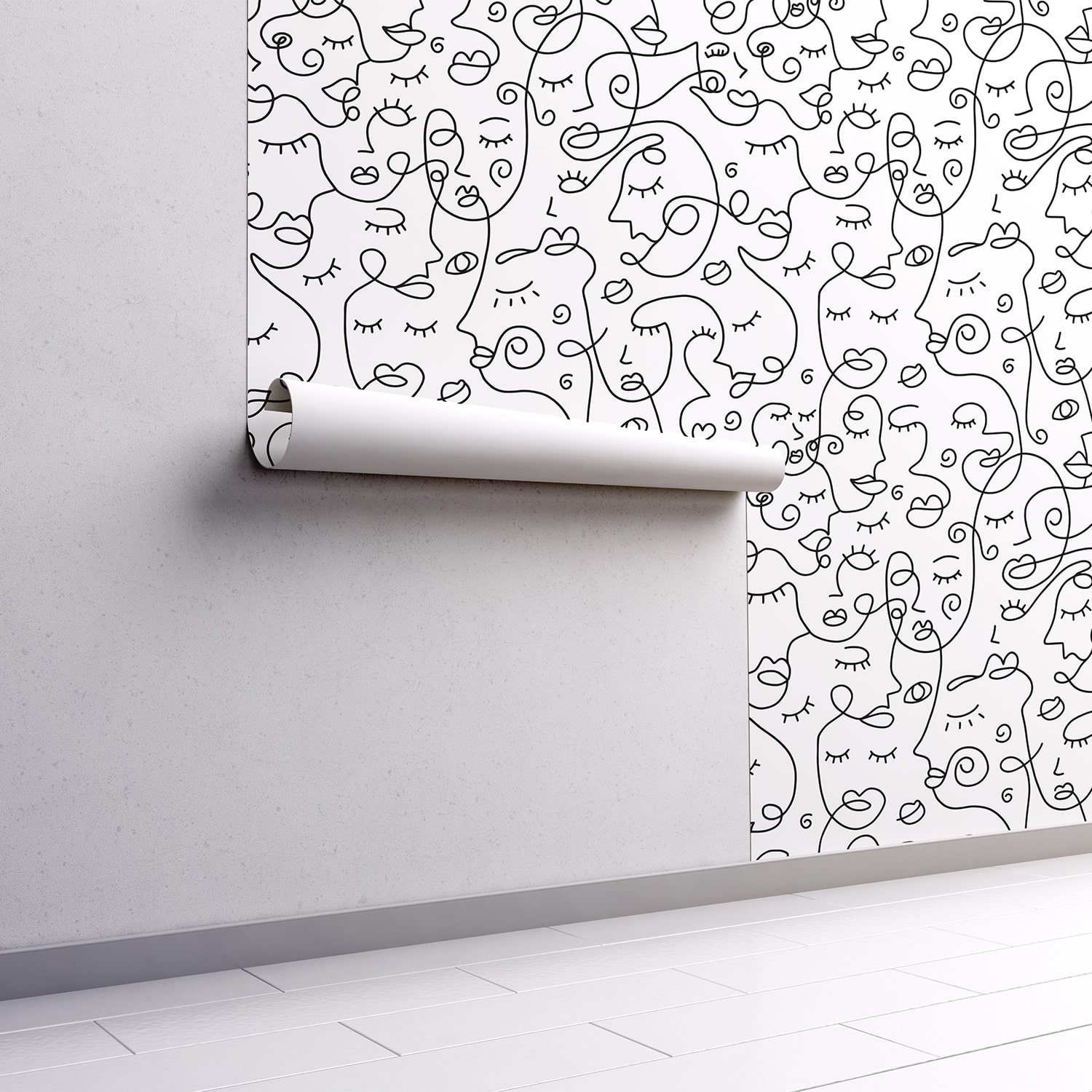 PP102-mur.rouleau-papier-peint-adhesif-decoratif-revetement-vinyle-motifs-visage-au-fil-de-fer-noir-et-blanc-renovation-meuble-mur-min