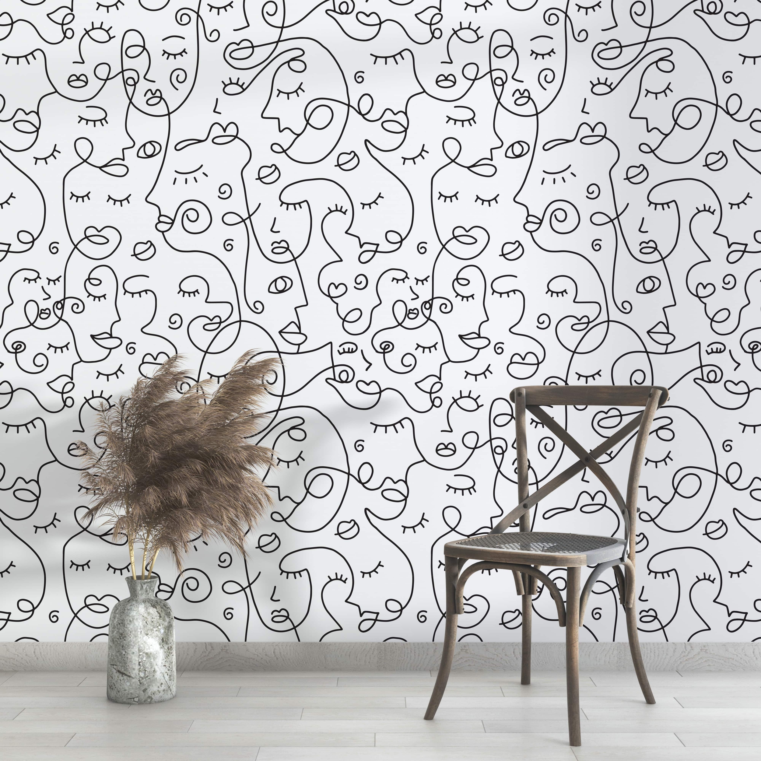 PP102-mur-papier-peint-adhesif-decoratif-revetement-vinyle-motifs-visage-au-fil-de-fer-noir-et-blanc-renovation-meuble-mur-min