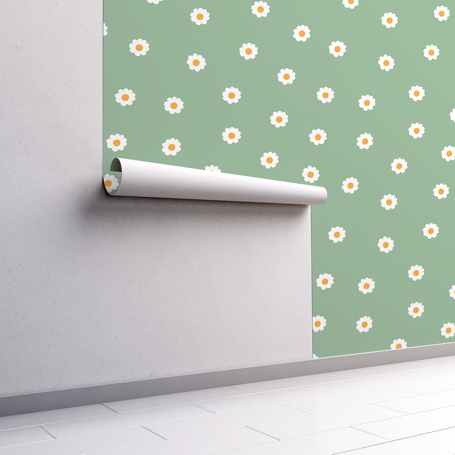 PP108-mur.rouleau-papier-peint-adhesif-decoratif-revetement-vinyle-motifs-marguerite-fond-vert-renovation-meuble-mur-min