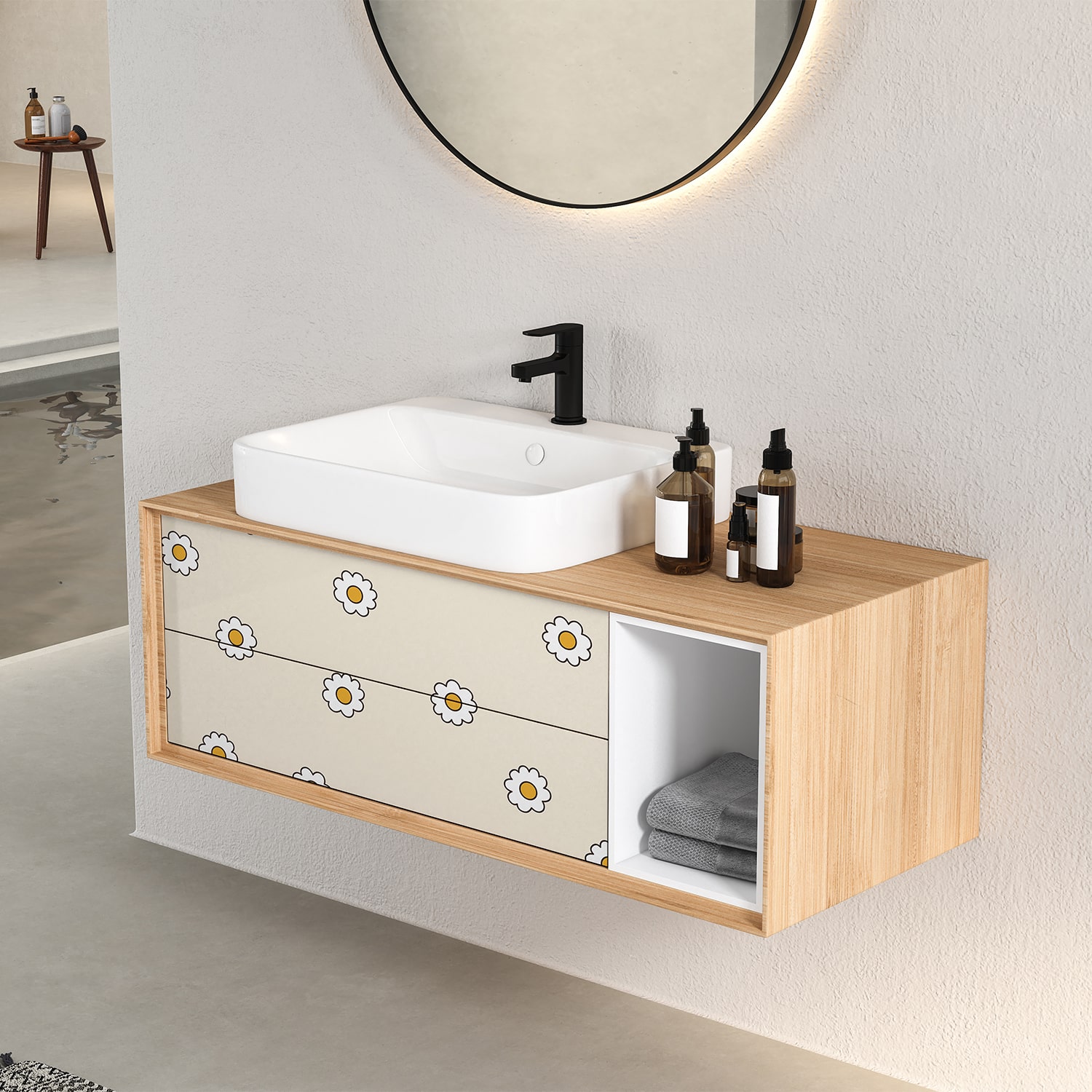PP109-meuble-papier-peint-adhesif-decoratif-revetement-vinyle-motifs-marguerite-fond-beige-renovation-meuble-mur-min