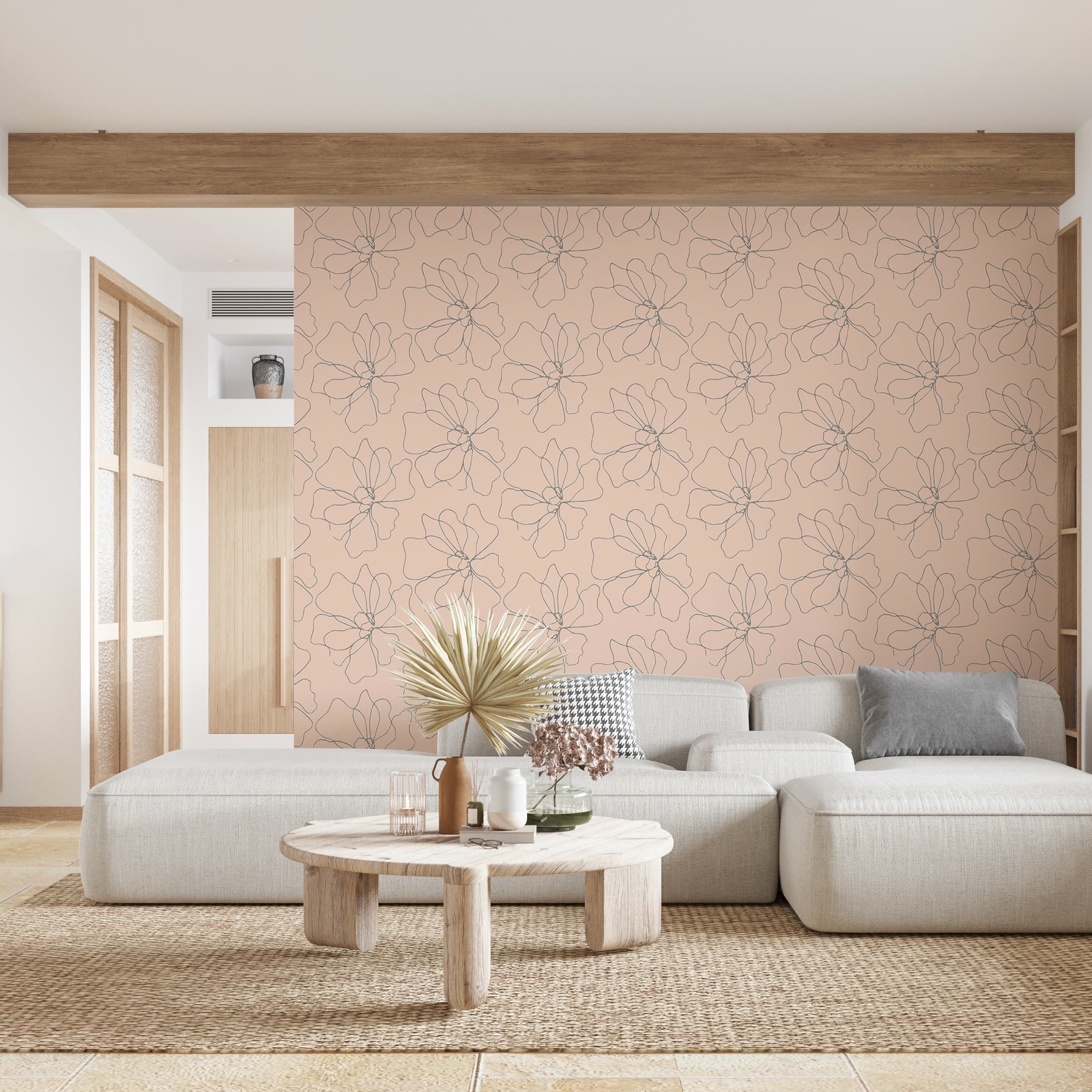 Papier-adhesif-papier-peint-adhesif-fleuri-nature-beige-rose-lineart-magnolia-salon