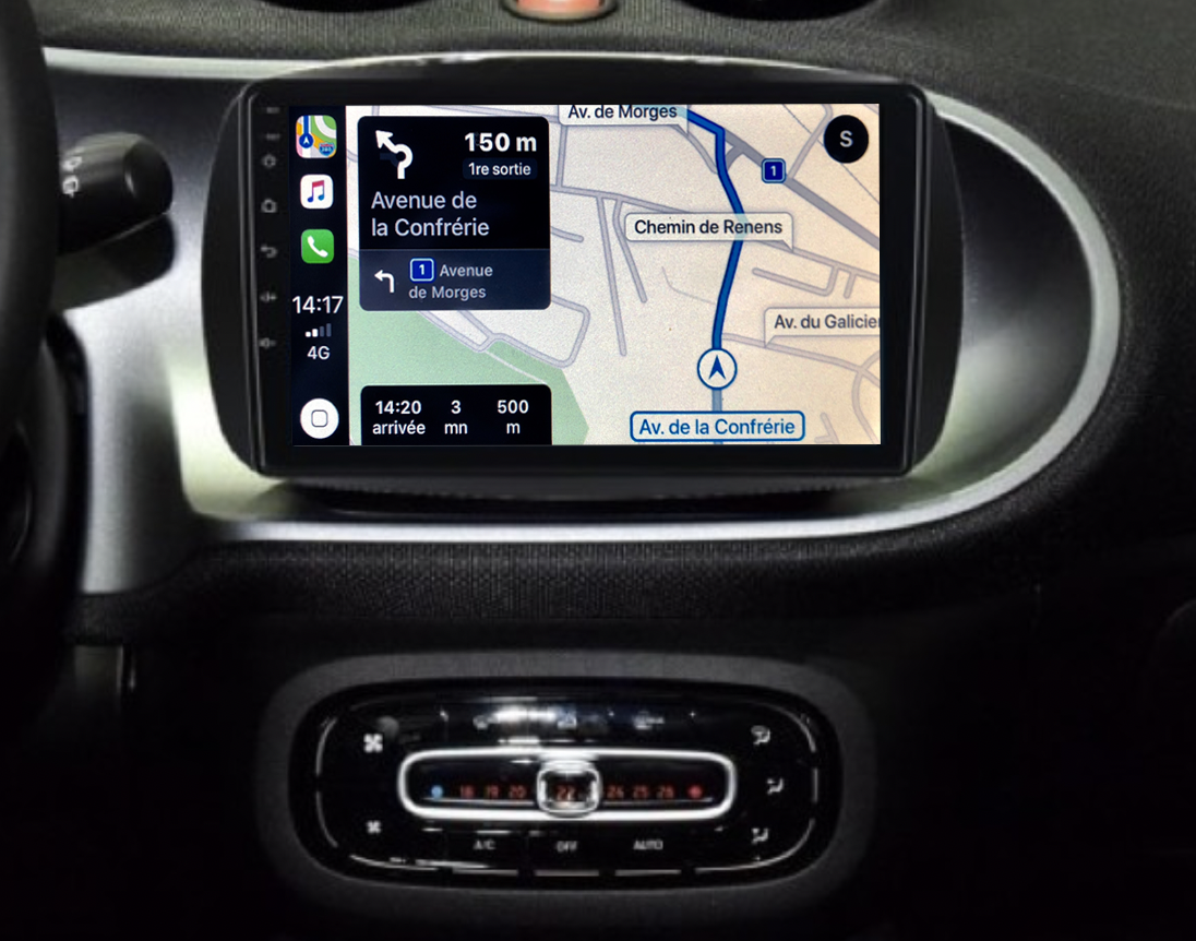 Autoradio GPS à écran tactile QLED Android 11.0 et Apple Carplay Smart Fortwo de 2015 à 2019