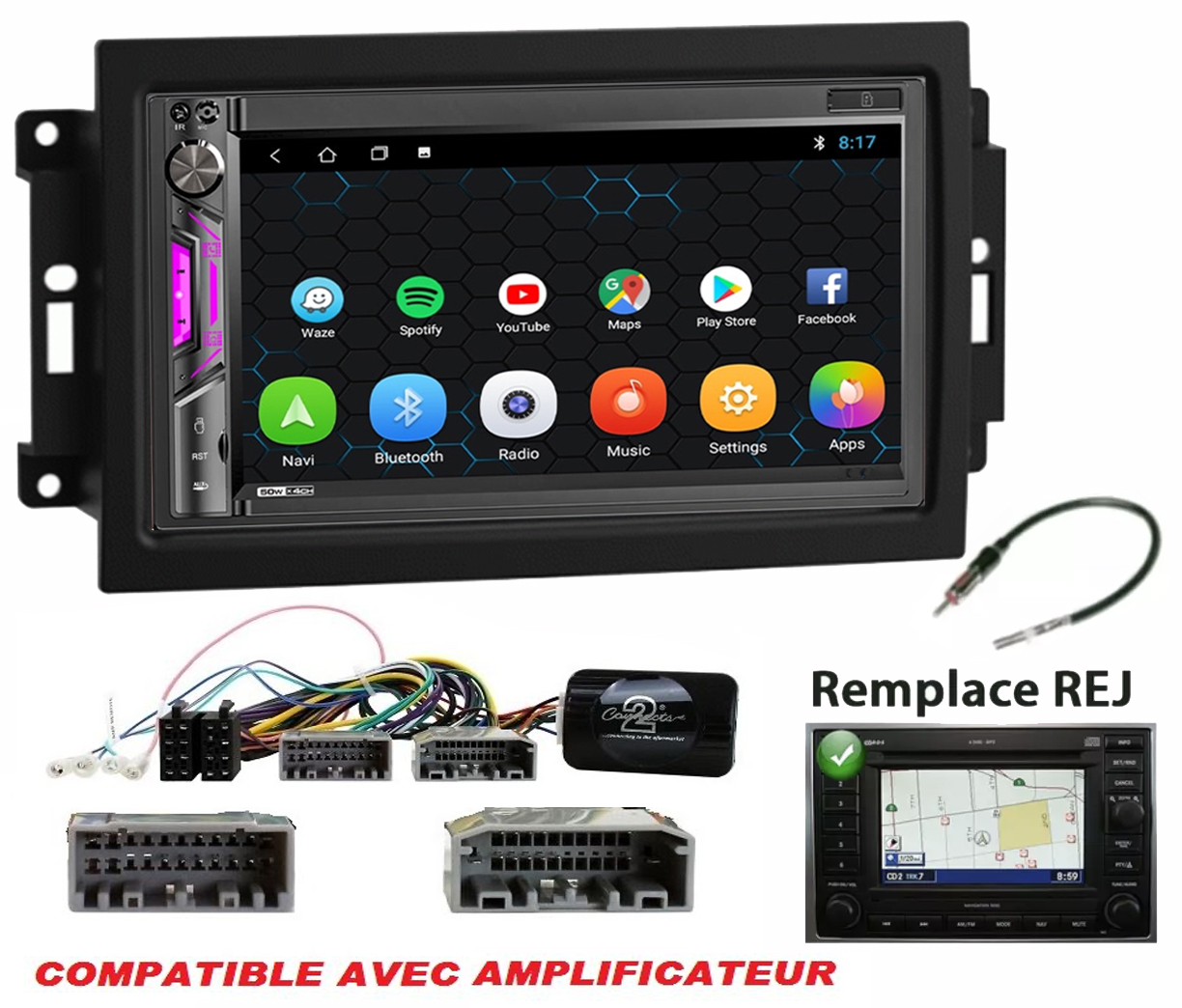 Autoradio tactile GPS Android 13.0 et Apple Carplay Jeep Grand Cherokee, Compass et Commander de 2006 à 2010 (Remplace autoradio REJ d\'origine)