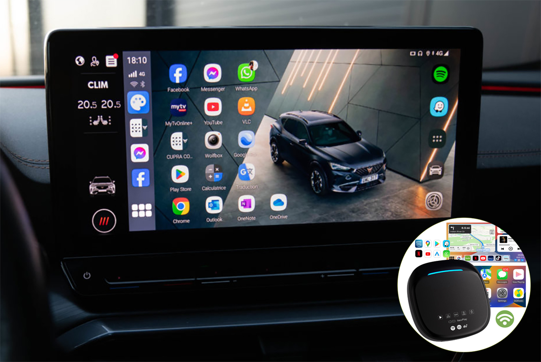 Boîtier de conversion CarPlay USB en CarPlay et Android Auto Sans Fil / Netflix / Youtube / Amazon Prime pour Cupra Ateca, Born, Leon, Formentor