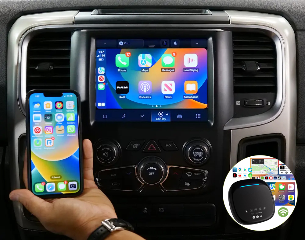 Boîtier de conversion CarPlay USB en CarPlay et Android Auto Sans Fil / Netflix / Youtube / Amazon Prime pour Dodge Challenger, Durango, Journey, Hornet et RAM