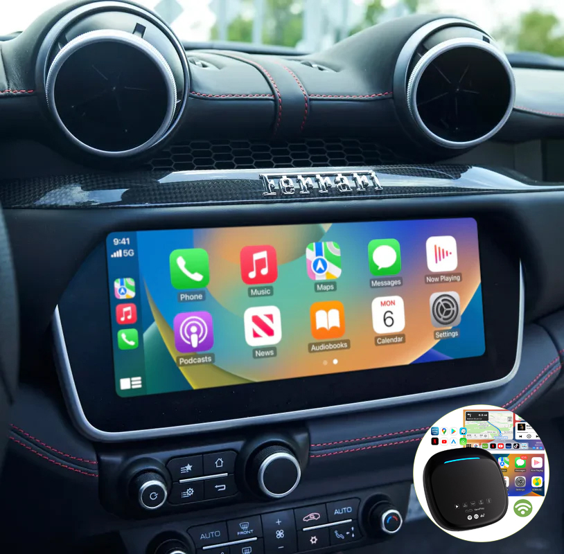 Boîtier de conversion CarPlay USB en CarPlay et Android Auto Sans Fil / Netflix / Youtube / Amazon Prime pour Ferrari 812, Portofino, Roma, Purosangue, F12, California T, 488...