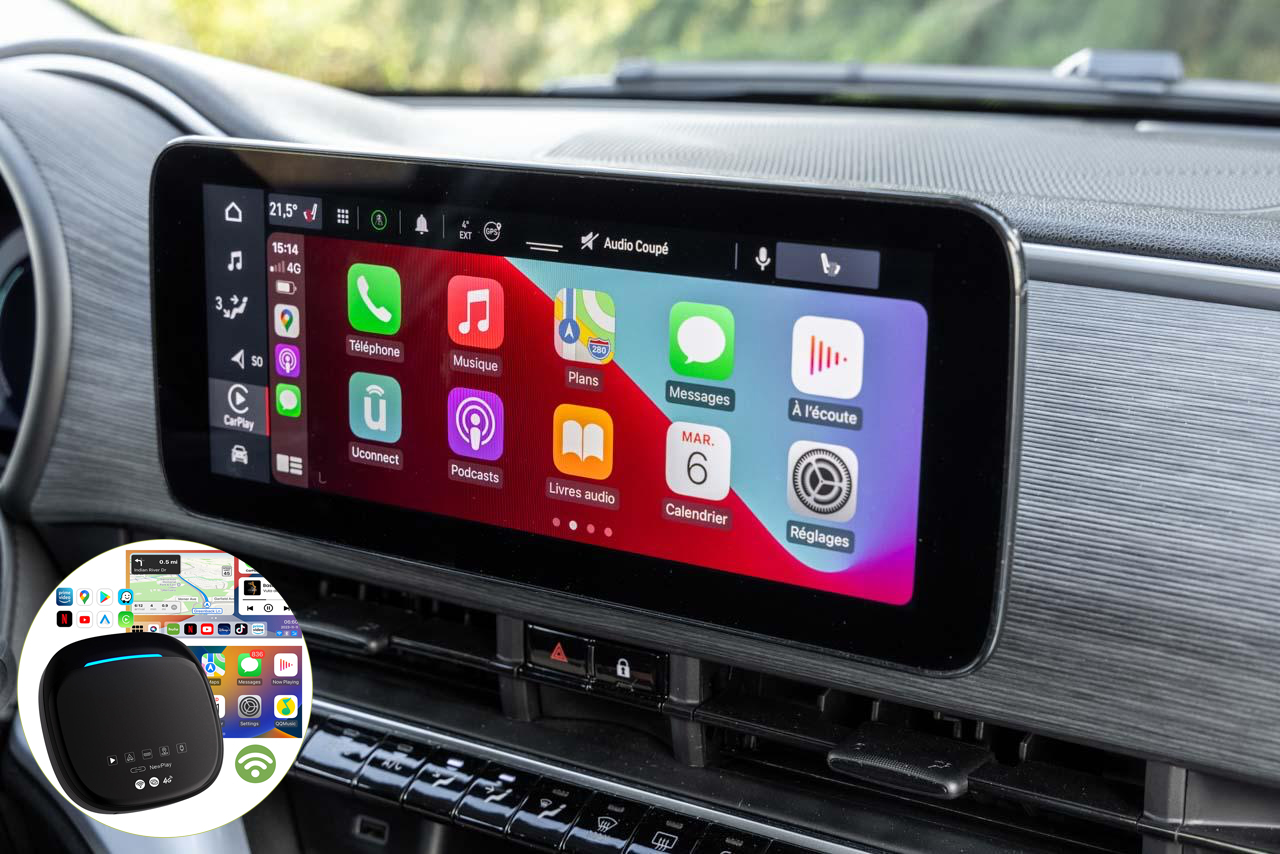 Boîtier de conversion CarPlay USB en CarPlay et Android Auto Sans Fil / Netflix / Youtube / Amazon Prime pour Fiat 500, 500L, 500X, 600, Panda, Tipo et e-Doblo