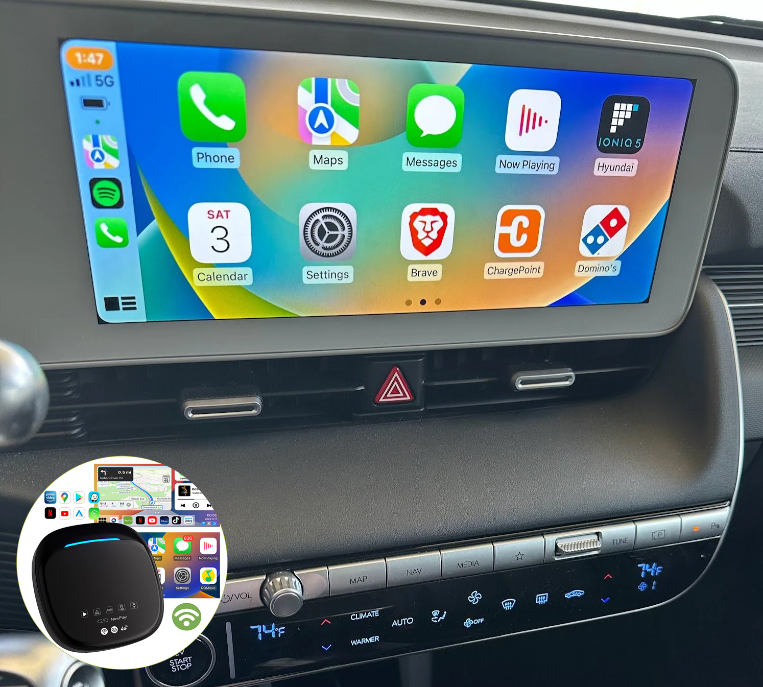 Boîtier de conversion CarPlay USB en CarPlay et Android Auto Sans Fil / Netflix / Youtube / Amazon Prime pour Hyundai Bayon, Inster, i10, i30, i40, ioniq 5 et 6, Kona Tucson, Santa Fe