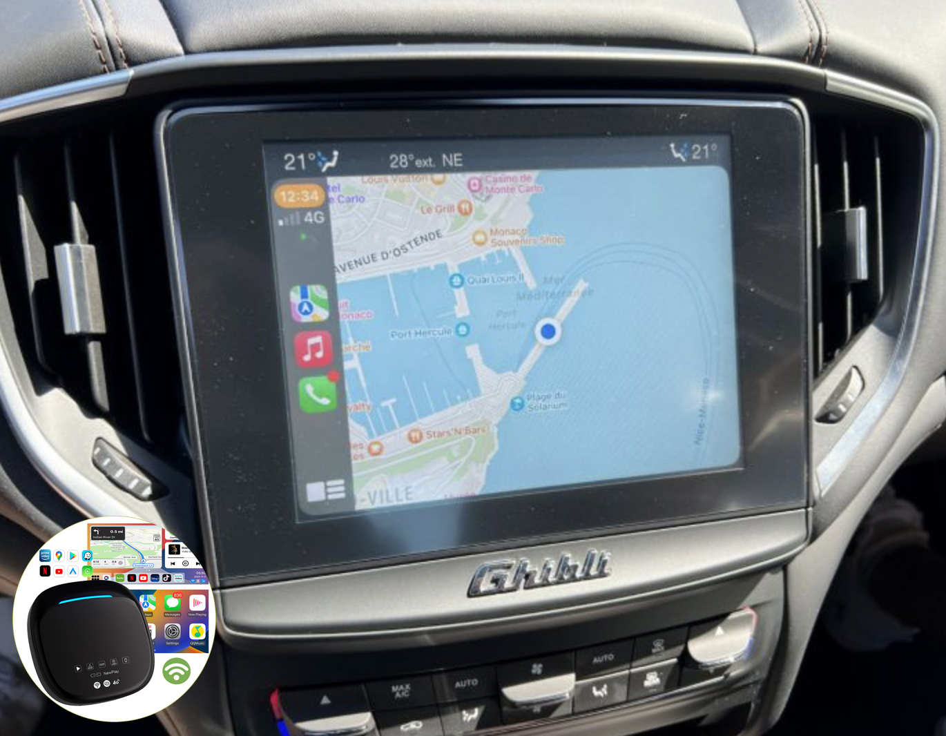 Boîtier de conversion CarPlay USB en CarPlay et Android Auto Sans Fil / Netflix / Youtube / Amazon Prime pour Maserati Ghibli, Levante, Quattroporte, Gran Turismo, MC20 et Grecale