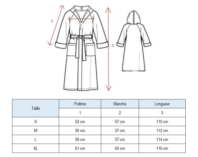 Tableau des tailles peignoirs memi