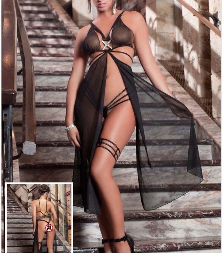 Sexy-dentelle-Lingerie-sous-v-tements-femmes-mode-Strappy-Dessous-Sexy-longue-chemise-de-nuit-robe