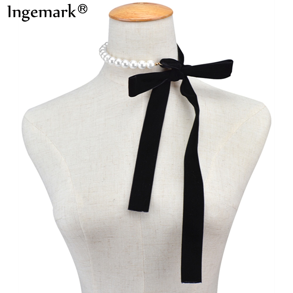 Punk-Long-en-ruban-de-velours-noir-noeud-papillon-imitation-de-perles-collier-breloques-bijoux-gothiques