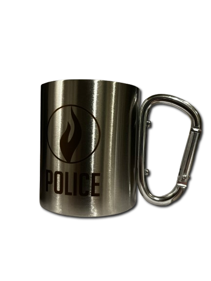 TASSE MÉTALLIQUE AVEC MOUSQUETON et gravure POLICE