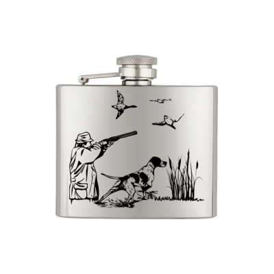 Flasque inox gris métal avec gravure. Capacité: 4 Oz