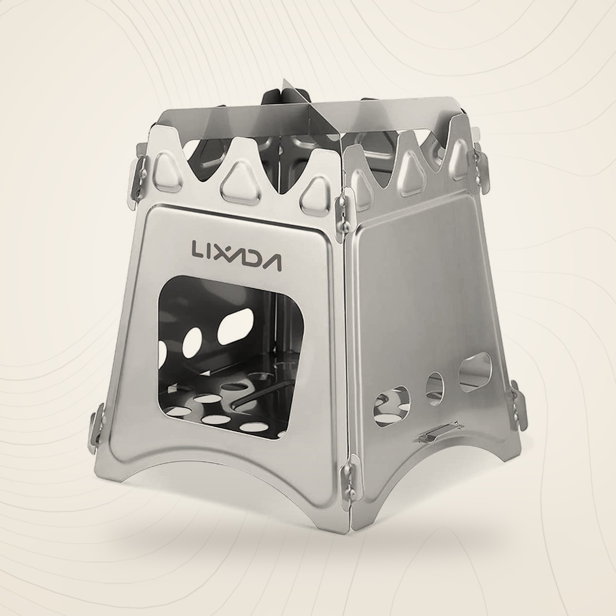 Réchaud à bois pliable Lixada en acier inoxydable, sur fond lin