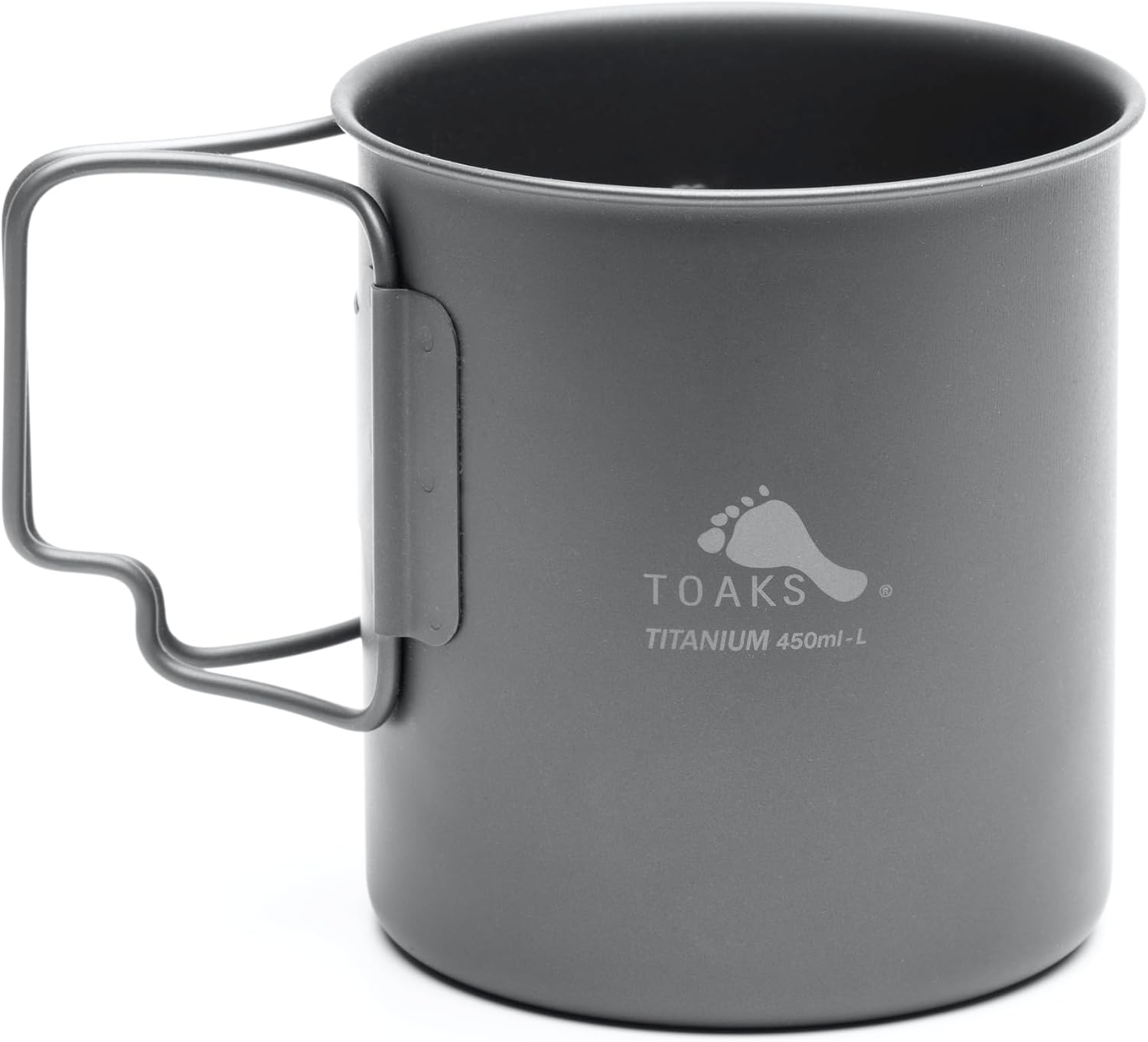 Tasse titane TOAKS 450 ml vue de face, poignée pliable ouverte