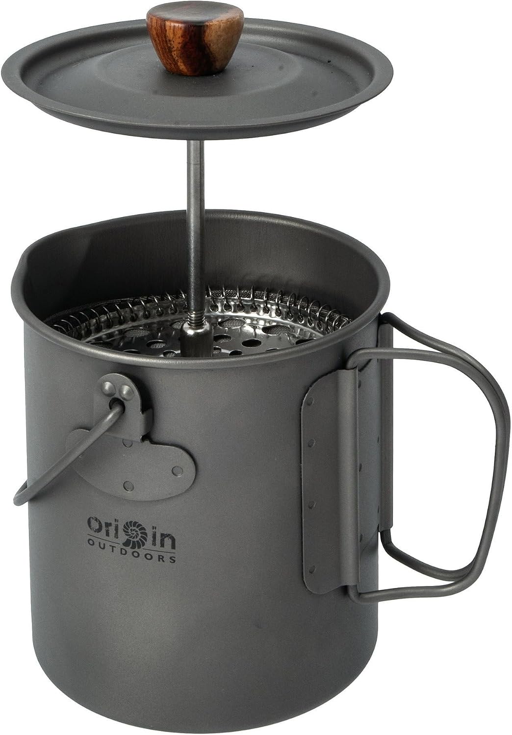 Cafetière à piston titane avec filtre relevé et bouton en bois