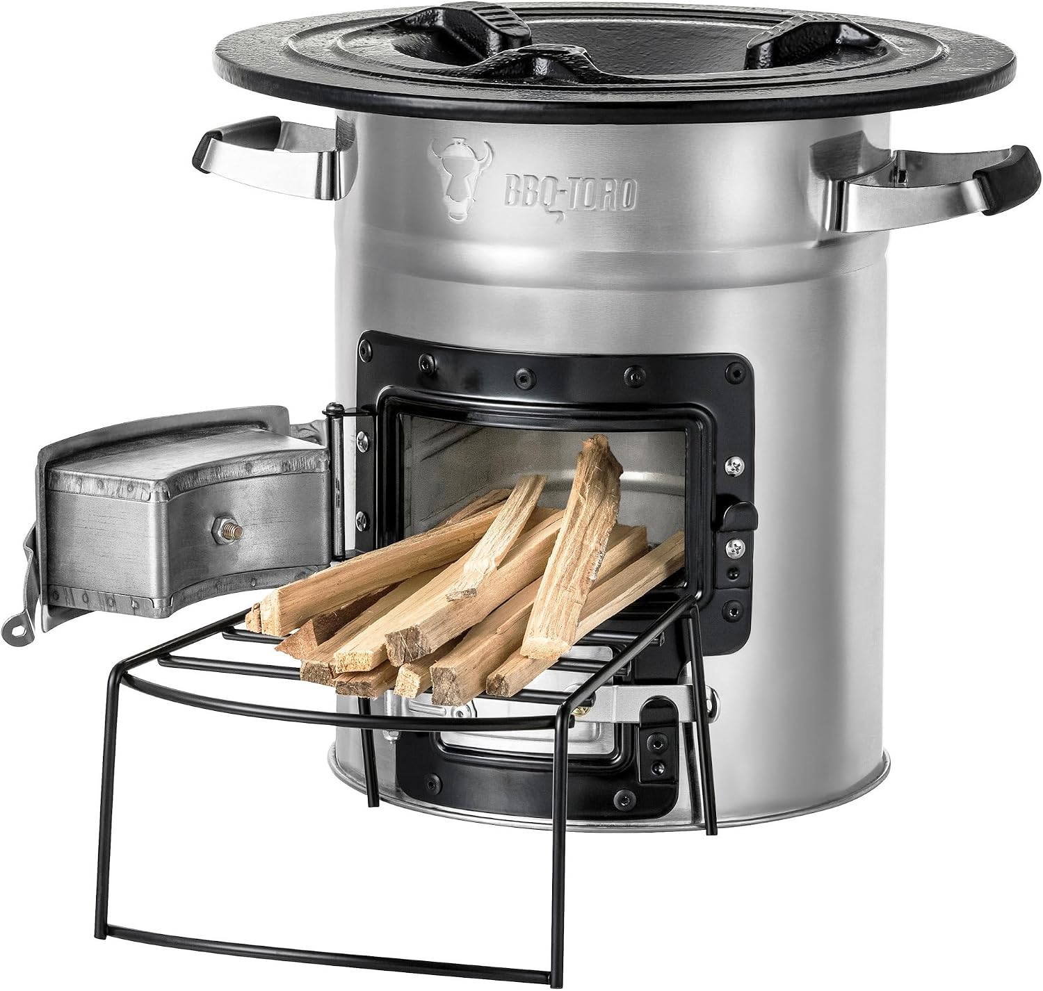 Réchaud fusée BBQ-Toro en inox, porte ouverte et bûchettes sur le support