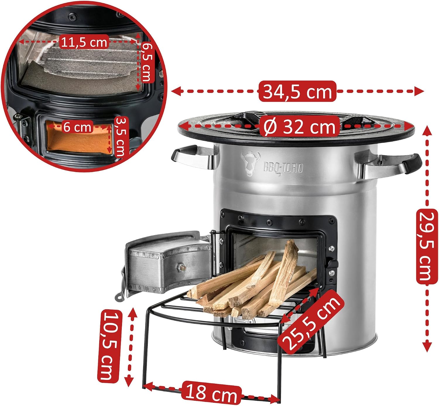 Dimensions du réchaud fusée BBQ-Toro : diamètre 32 cm, hauteur 29,5 cm