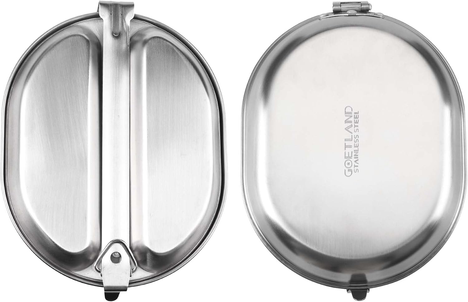 Gamelle militaire inox vue de dessus, plateau à deux compartiments et poêle