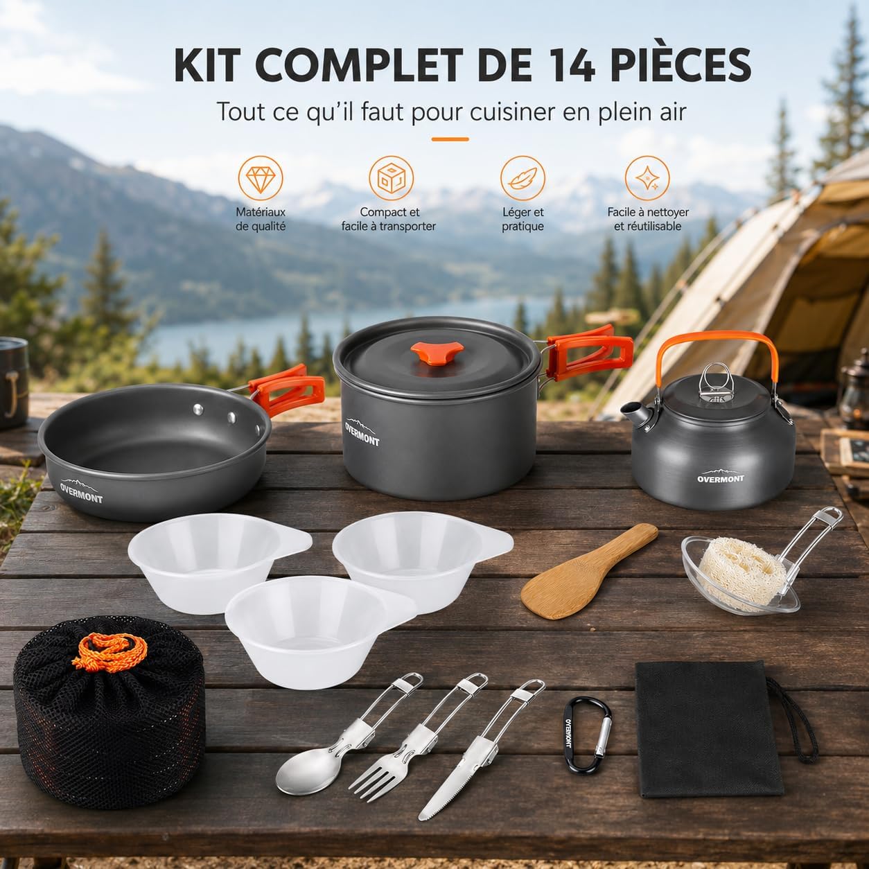 Kit de cuisine camping Overmont déballé sur une table en bois au bord dun lac