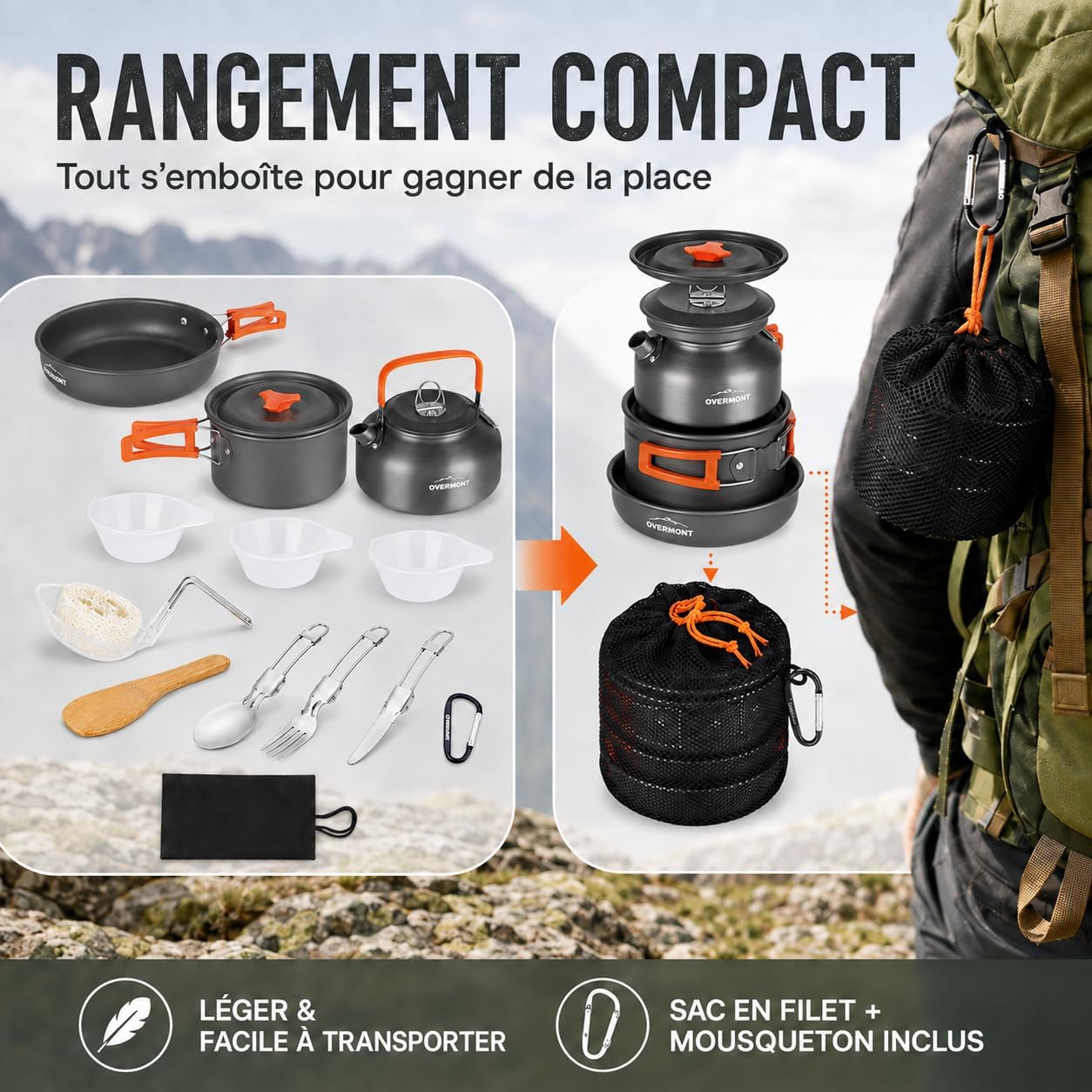 Rangement de la popote : toutes les pièces semboîtent dans le filet