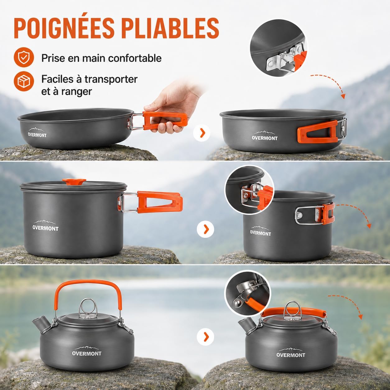 Poignées pliables de la casserole, de la poêle et de la bouilloire