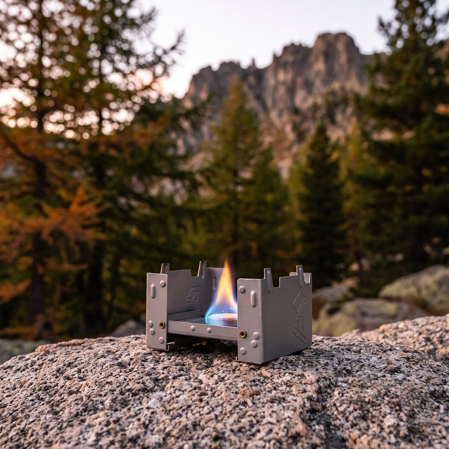 Mini-réchaud de poche pliable allumé sur un rocher de granit, forêt de mélèzes au crépuscule