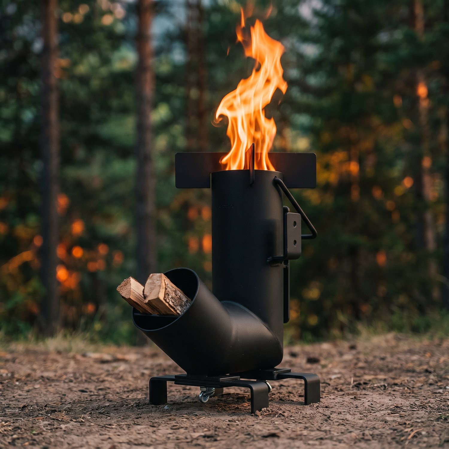 Réchaud fusée noir allumé en forêt, bûchettes dans lentrée et flamme en haut de la cheminée