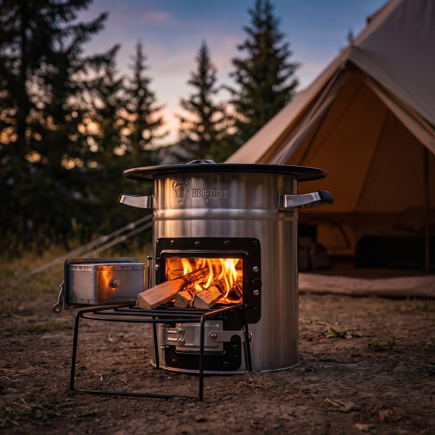 Réchaud fusée BBQ-Toro allumé au camp de base, bois dans la porte basse, tente en arrière-plan