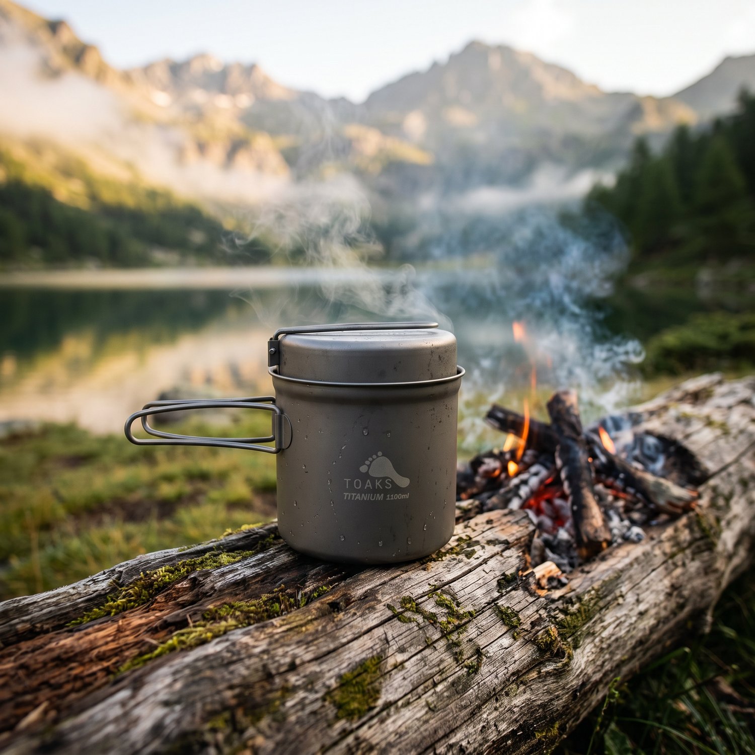 Popote en titane TOAKS 1100 ml sur un rondin près du feu, lac de montagne au lever du jour