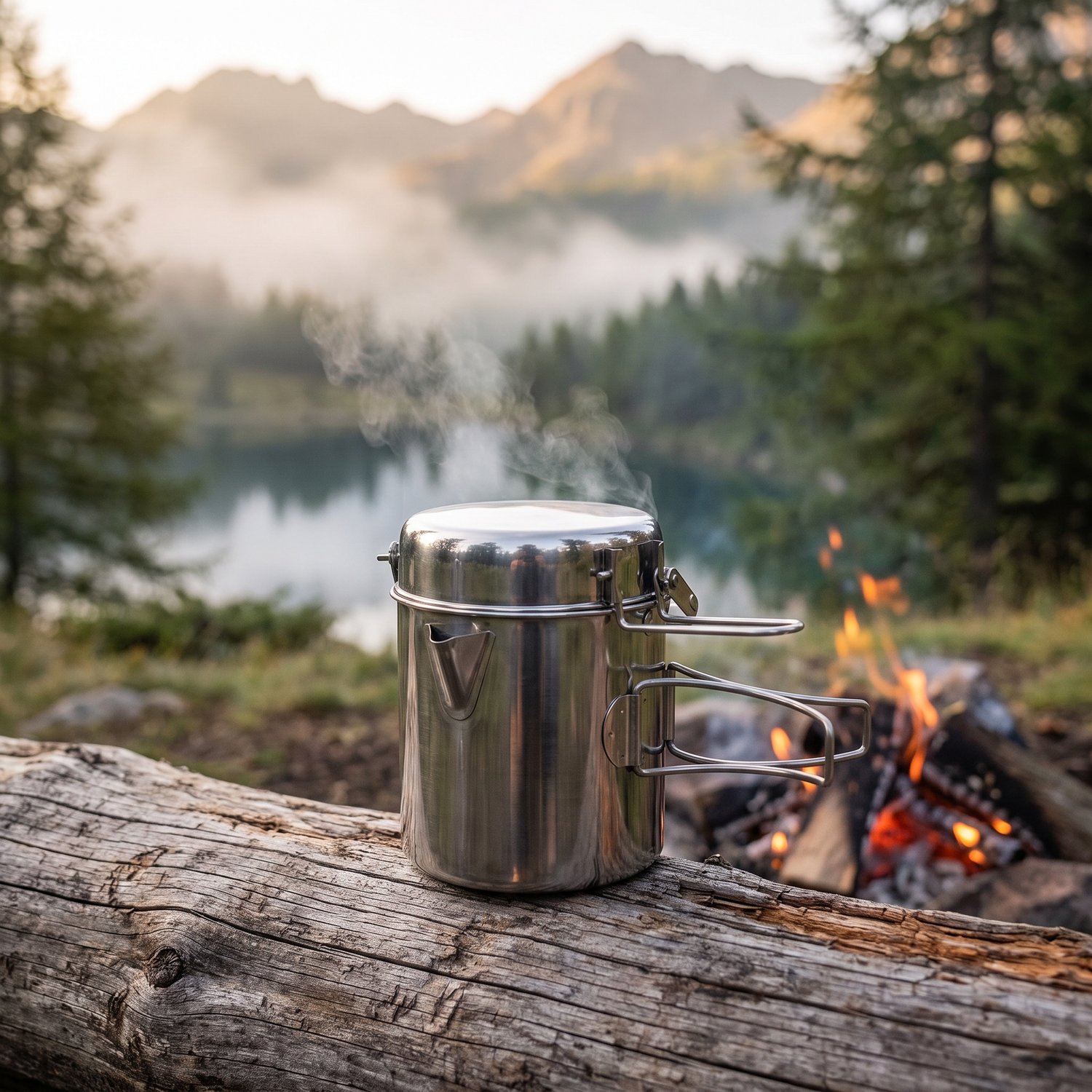 Popote en inox 1 L avec couvercle sur un rondin près du feu, lac et brume au lever du jour