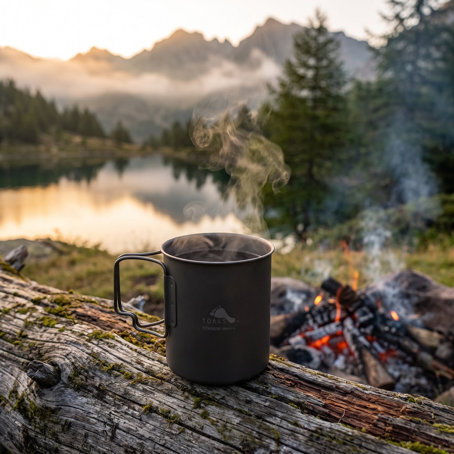 Tasse en titane TOAKS 450 ml fumante sur un rondin, feu de camp et lac de montagne au lever du jour