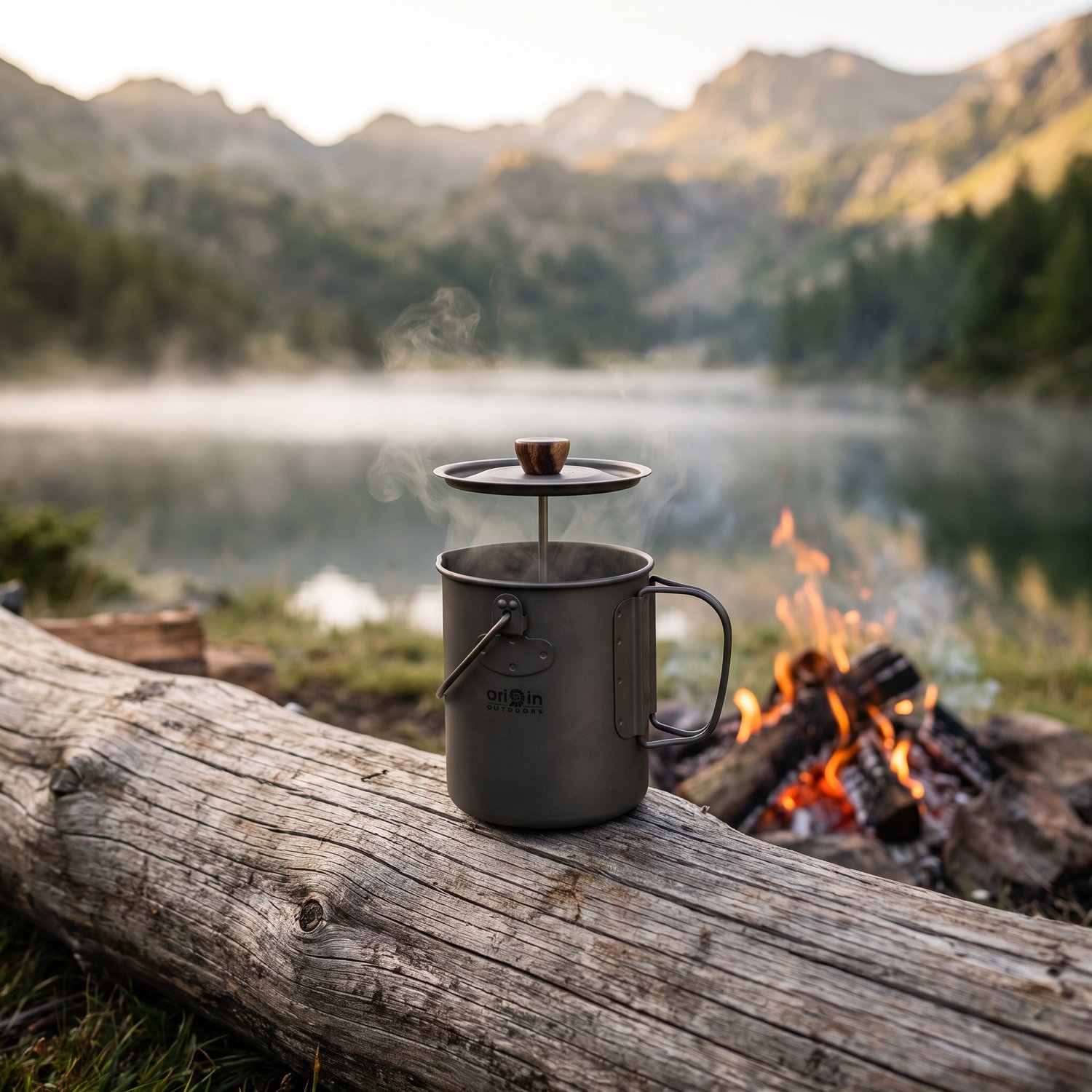Cafetière à piston en titane Origin Outdoors sur un rondin près du feu, lac et brume du matin