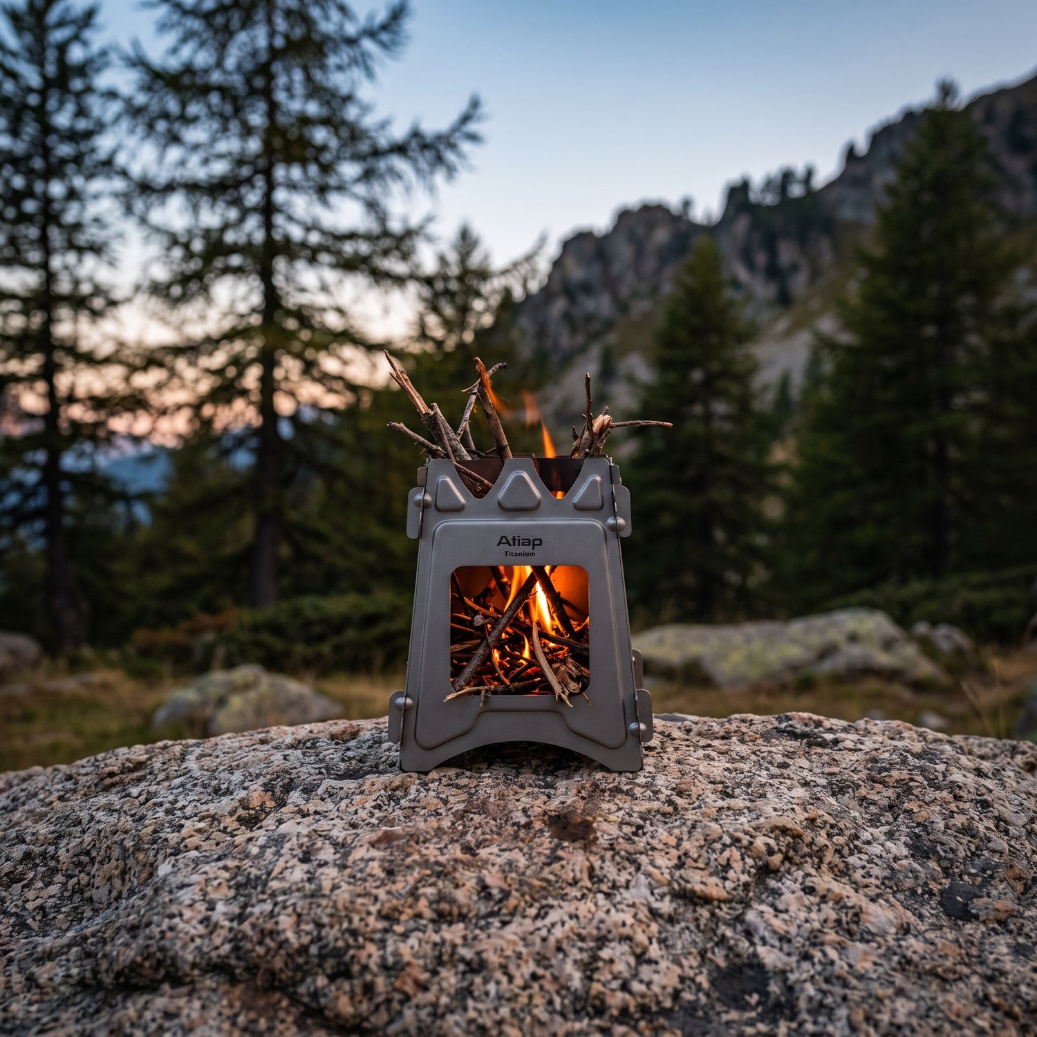 Réchaud à bois pliable en titane ATiAP allumé sur un rocher, forêt de montagne au crépuscule
