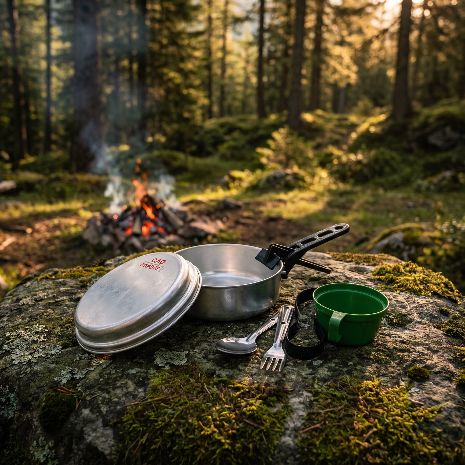 Popote scout CAO avec quart vert et couverts sur un rocher moussu, feu de camp en forêt